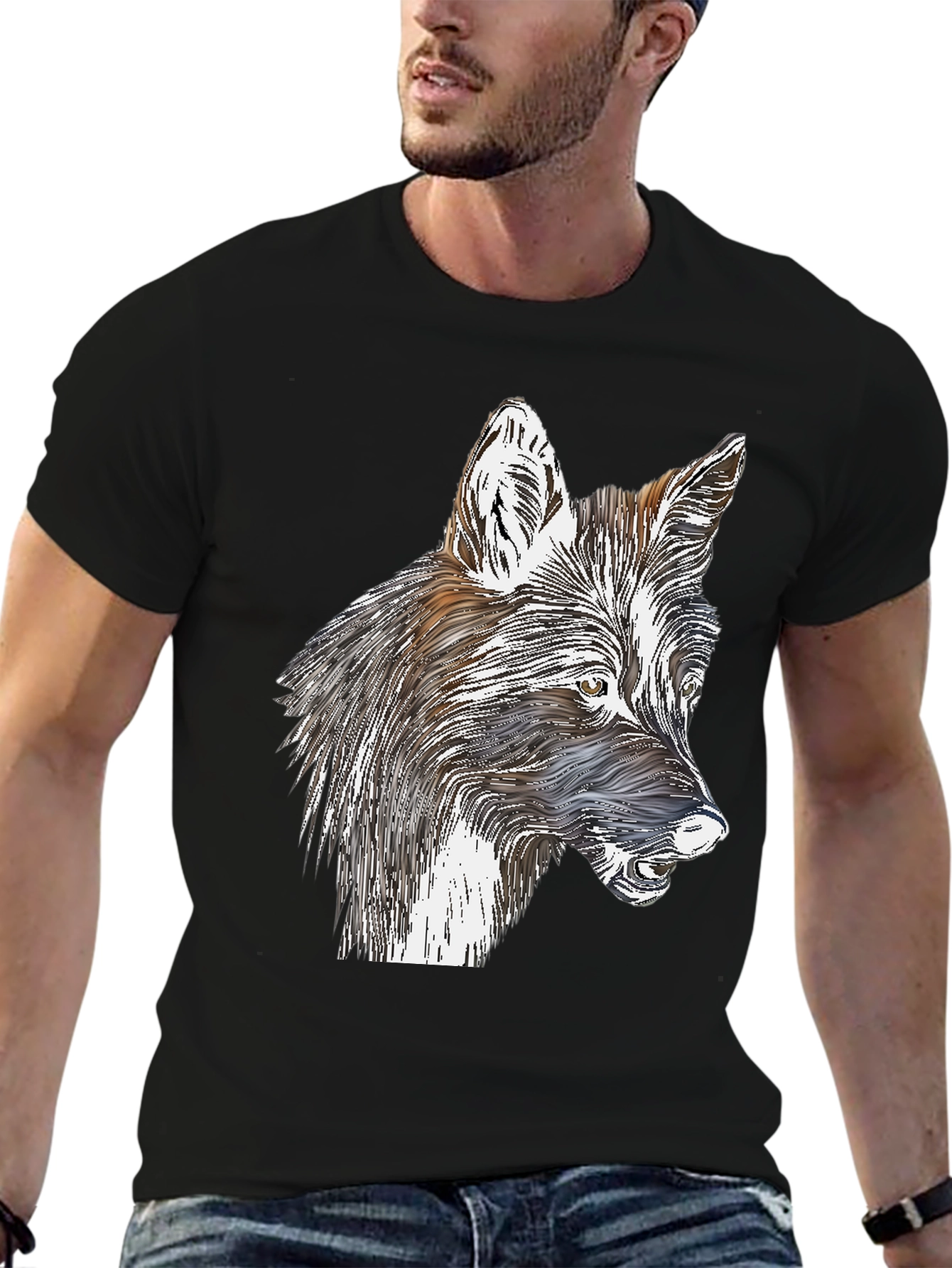 Stylized Wolf Graphic Print Black T-Shirt