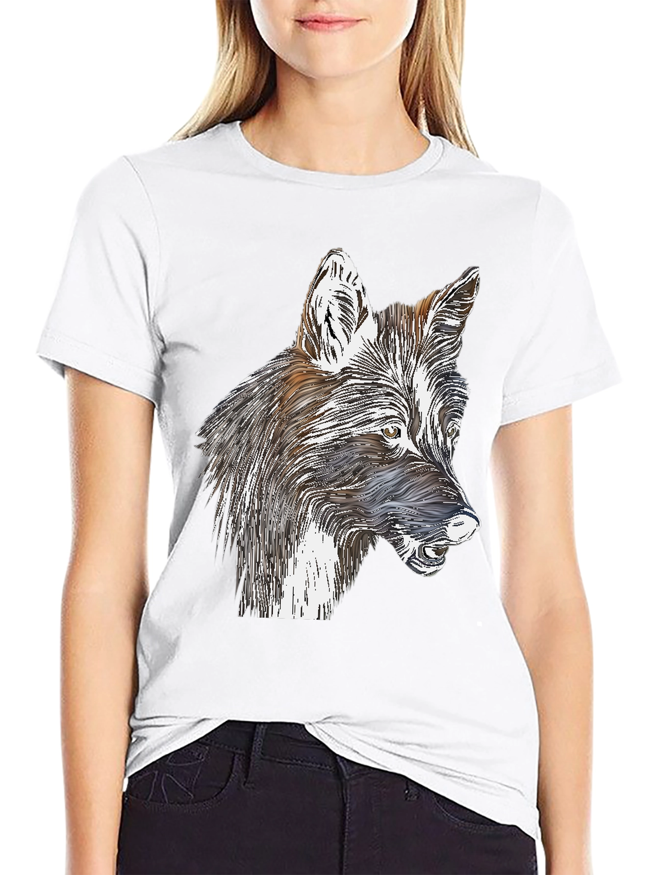 Stylized Wolf Graphic Print Black T-Shirt
