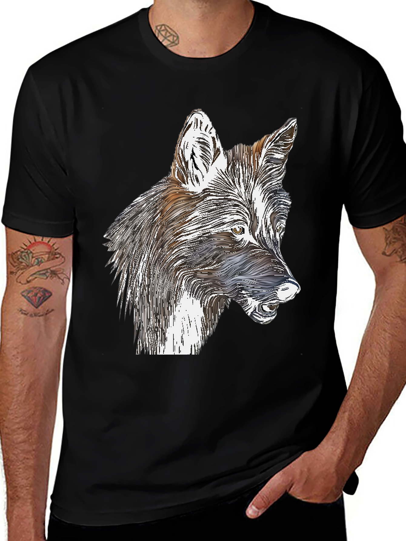 Stylized Wolf Graphic Print Black T-Shirt