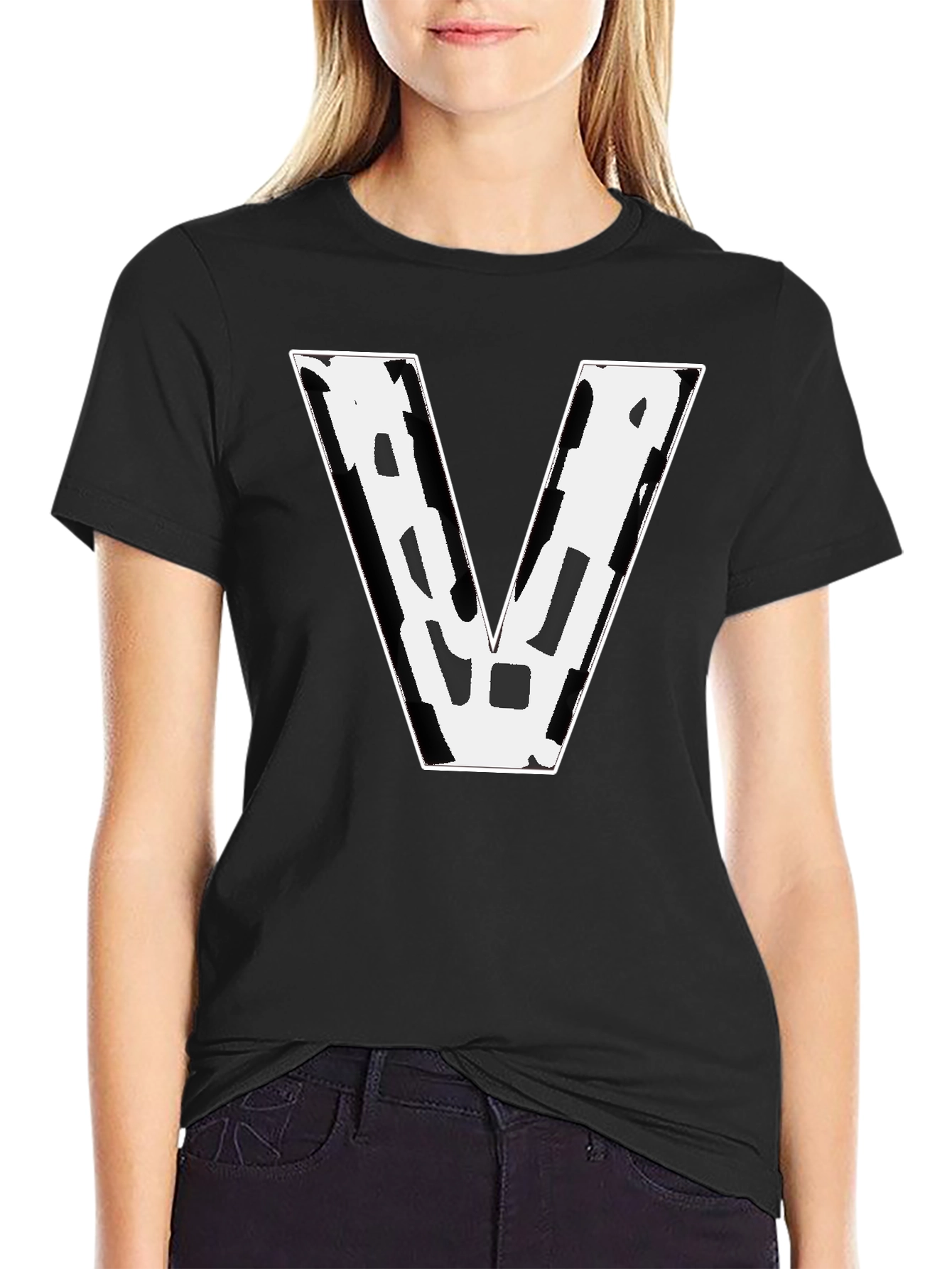Bold V Graphic Tee - Black Cotton Blend