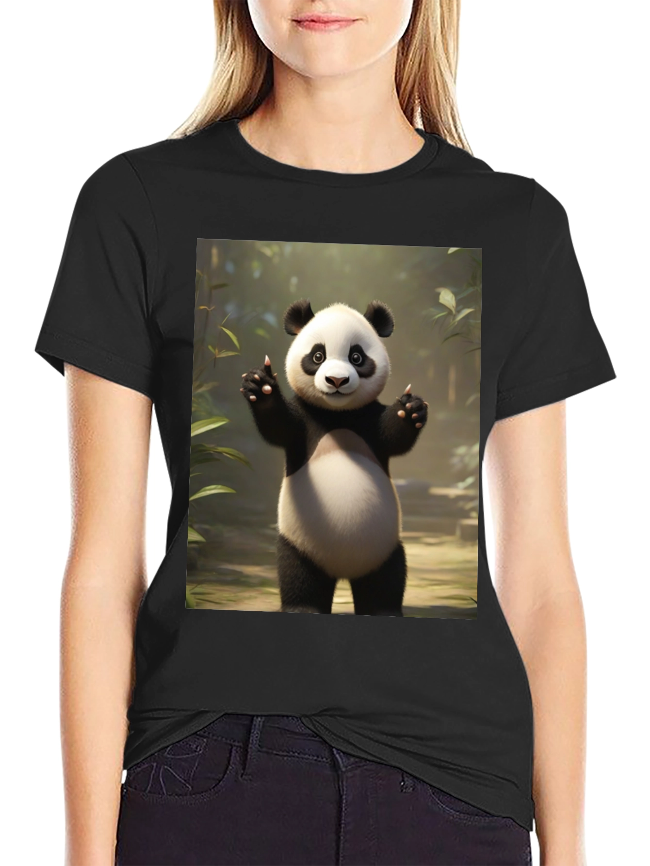 Cute Panda Graphic Black T-Shirt