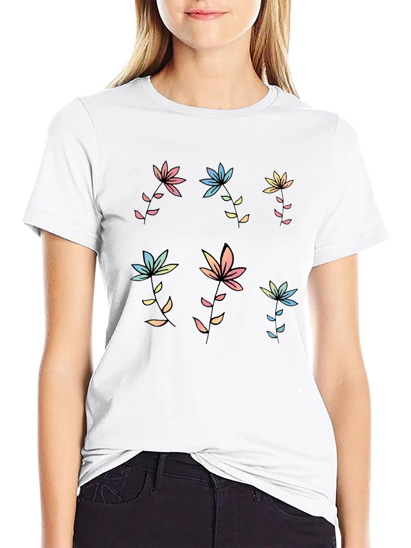 Pastel Floral Print Black T-Shirt