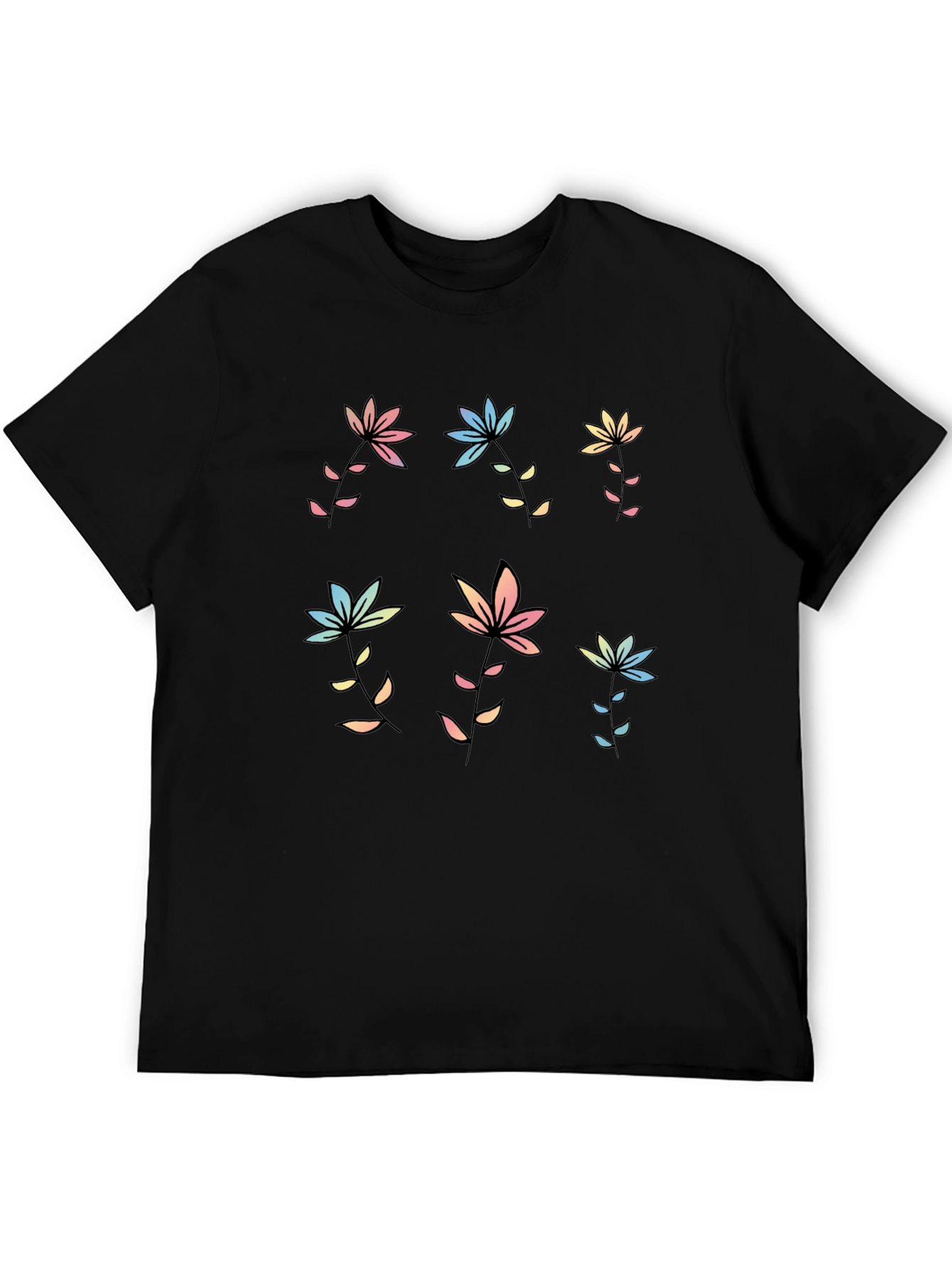 Pastel Floral Print Black T-Shirt