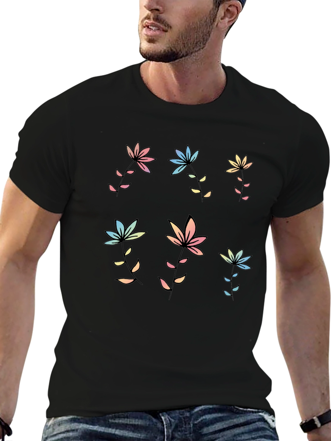 Pastel Floral Print Black T-Shirt