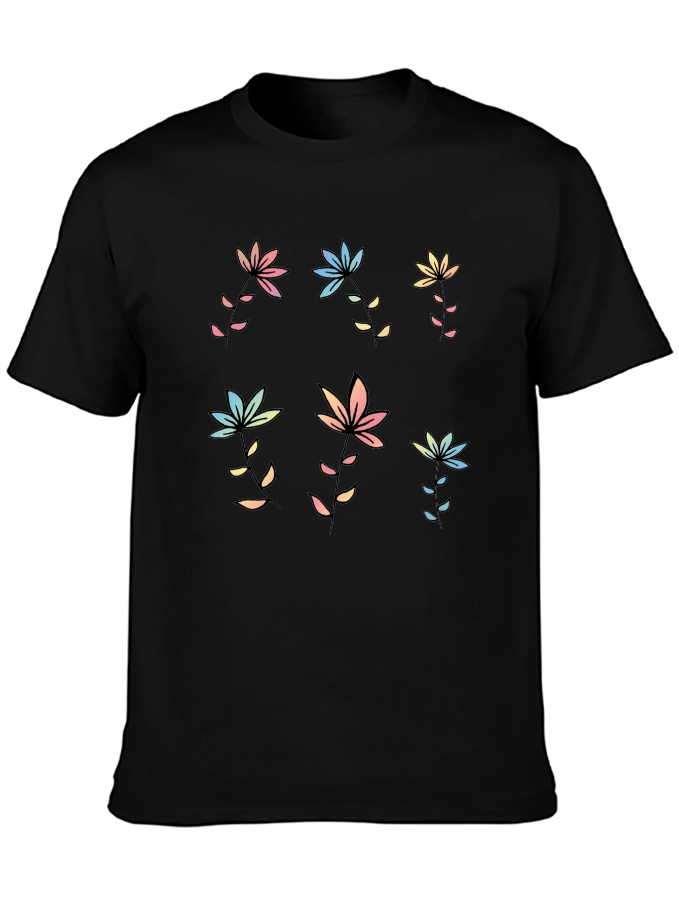 Pastel Floral Print Black T-Shirt