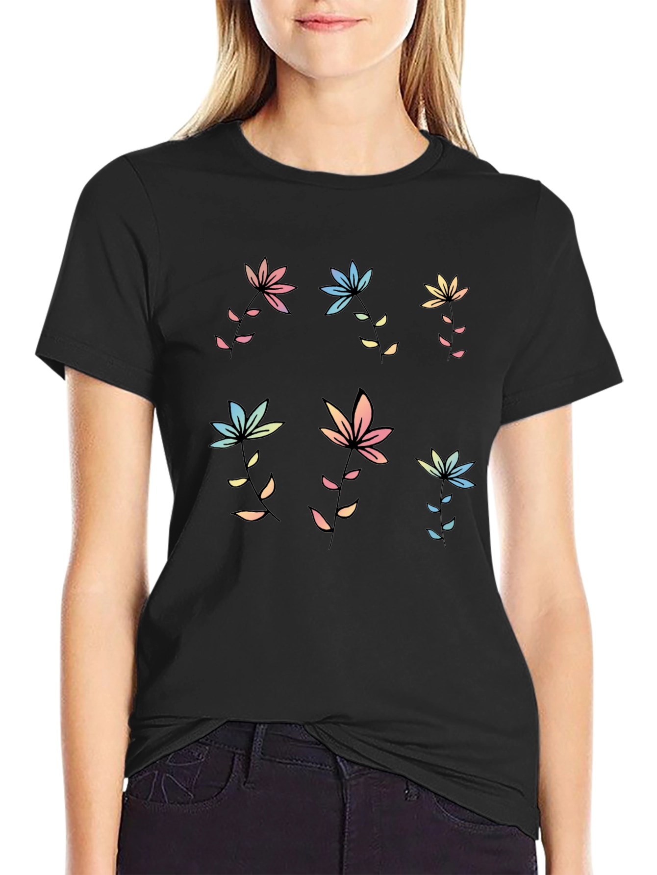Pastel Floral Print Black T-Shirt