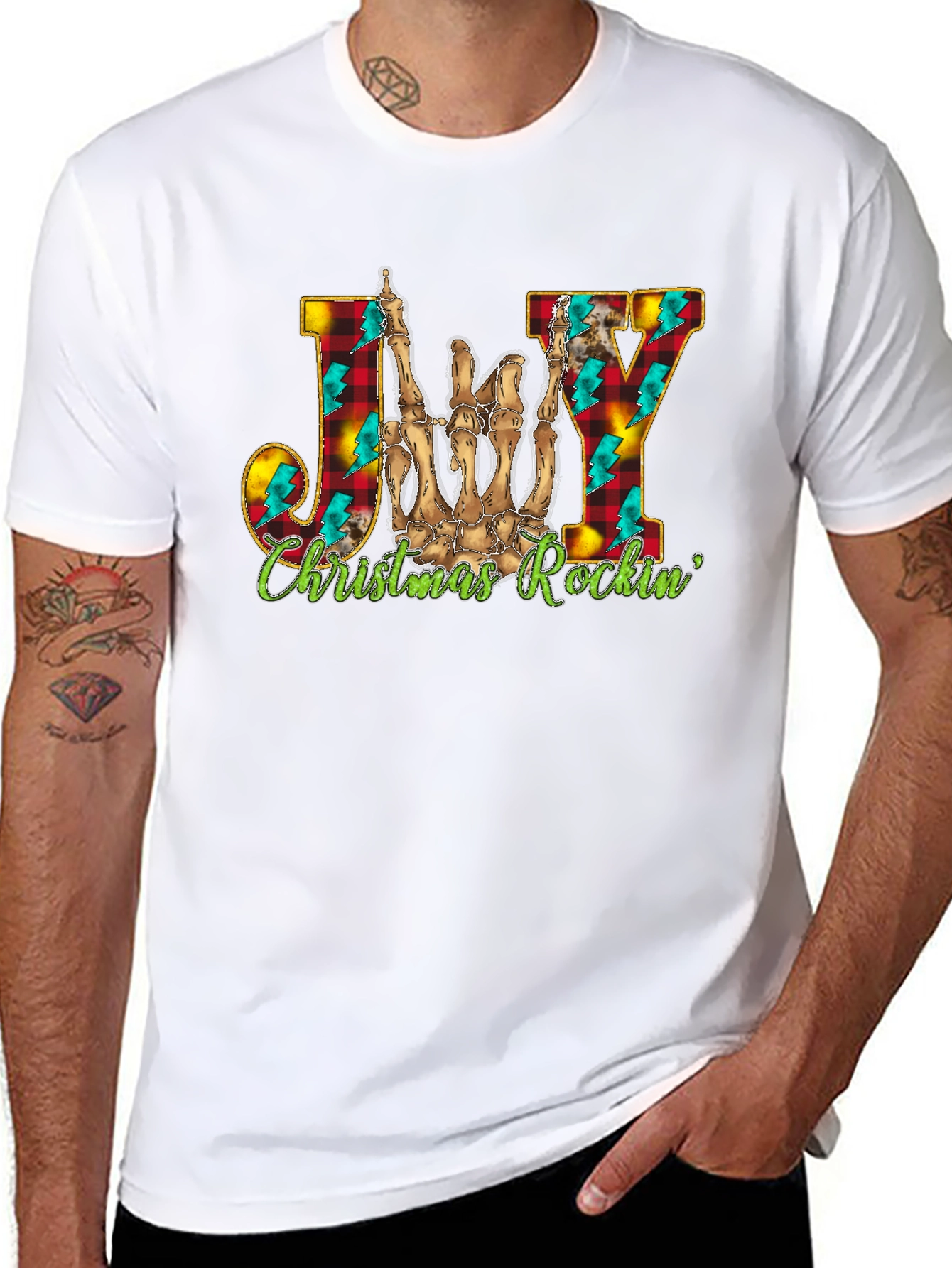 Joy Christmas Rockin Skeleton Hand T-Shirt