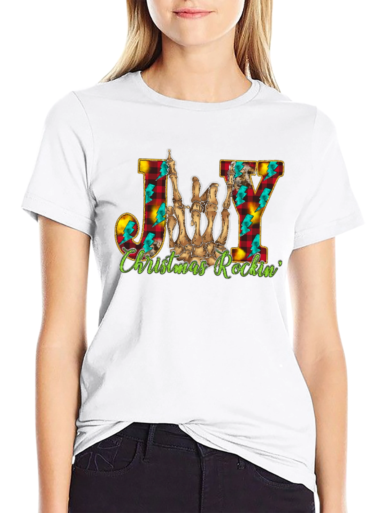 Joy Christmas Rockin Skeleton Hand T-Shirt
