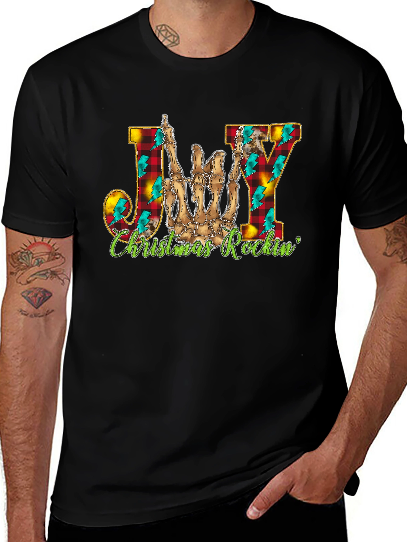 Joy Christmas Rockin Skeleton Hand T-Shirt