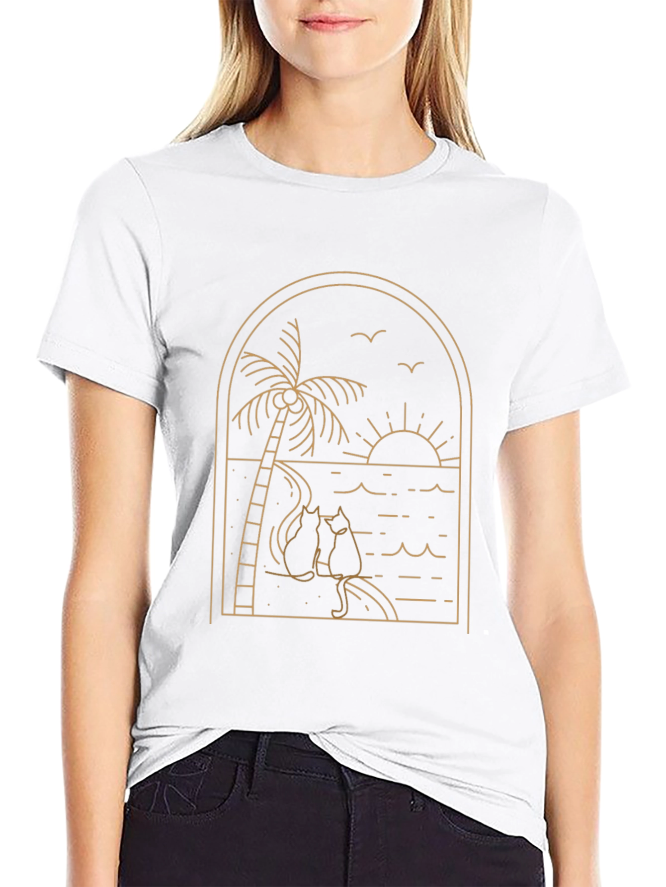 Black Tee with Palm Tree & Cats Graphic