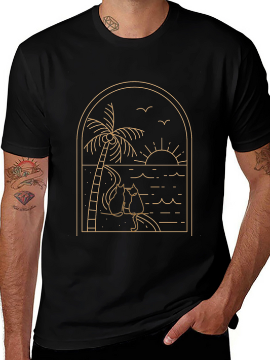 Black Tee with Palm Tree & Cats Graphic