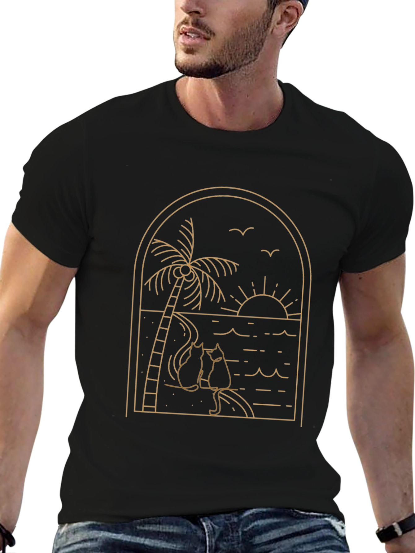 Black Tee with Palm Tree & Cats Graphic