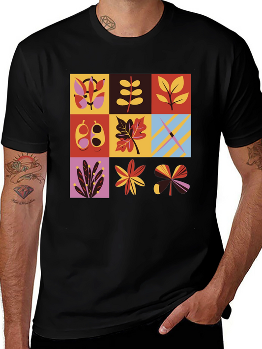 Botanical Block Print Mens Black T-Shirt
