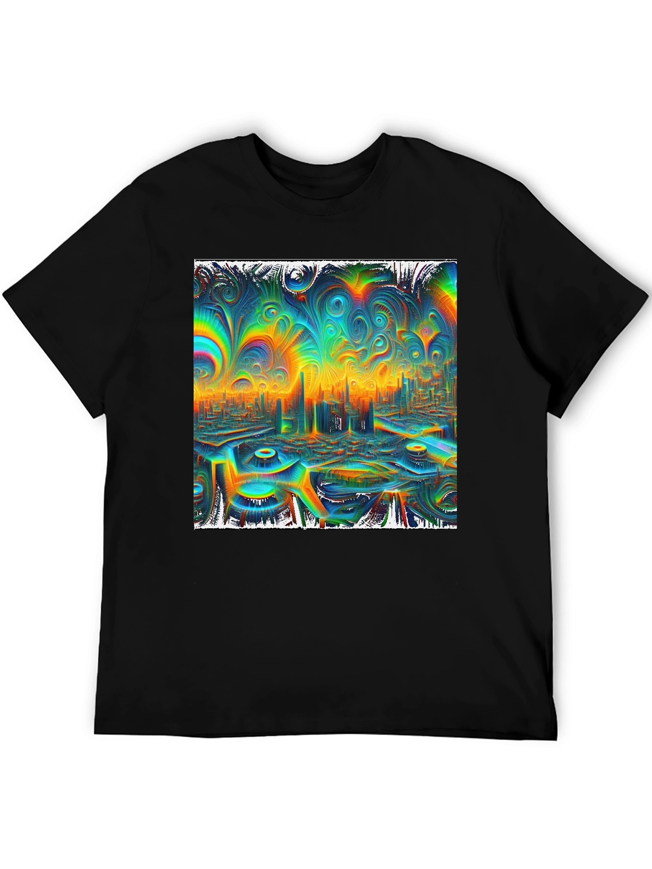 Psychedelic Cityscape Graphic Tee - Vibrant Black T-Shirt