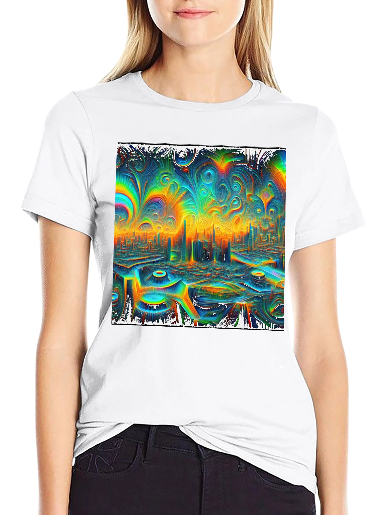 Psychedelic Cityscape Graphic Tee - Vibrant Black T-Shirt