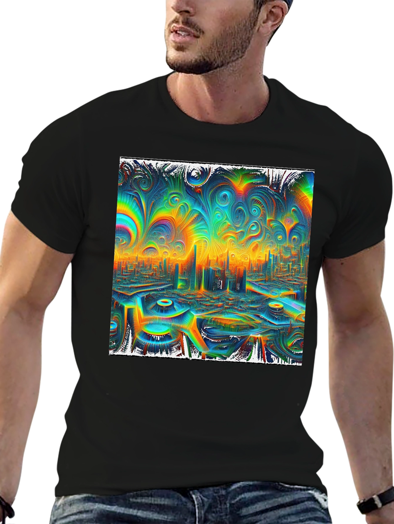 Psychedelic Cityscape Graphic Tee - Vibrant Black T-Shirt