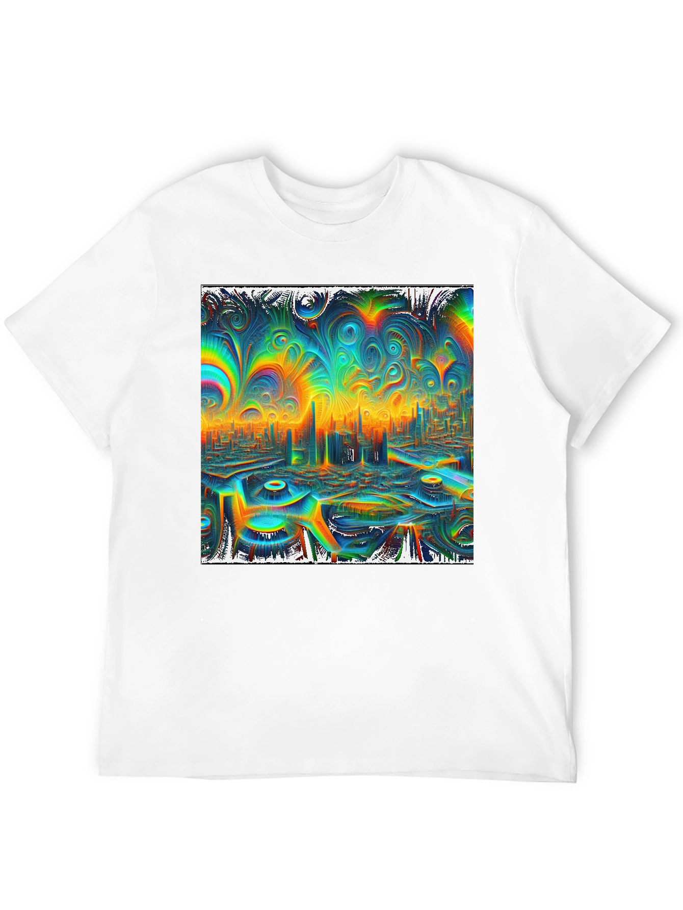 Psychedelic Cityscape Graphic Tee - Vibrant Black T-Shirt