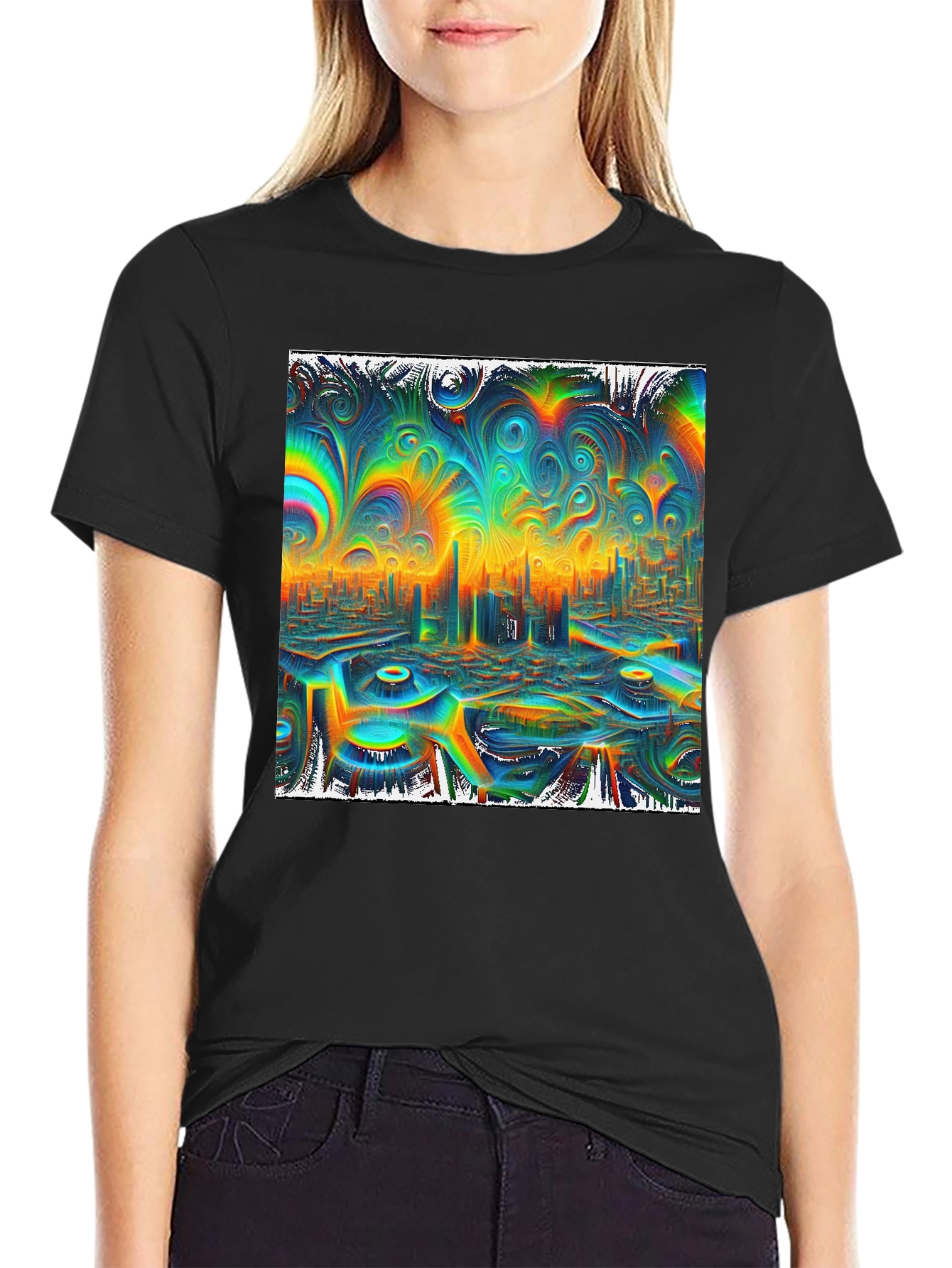 Psychedelic Cityscape Graphic Tee - Vibrant Black T-Shirt