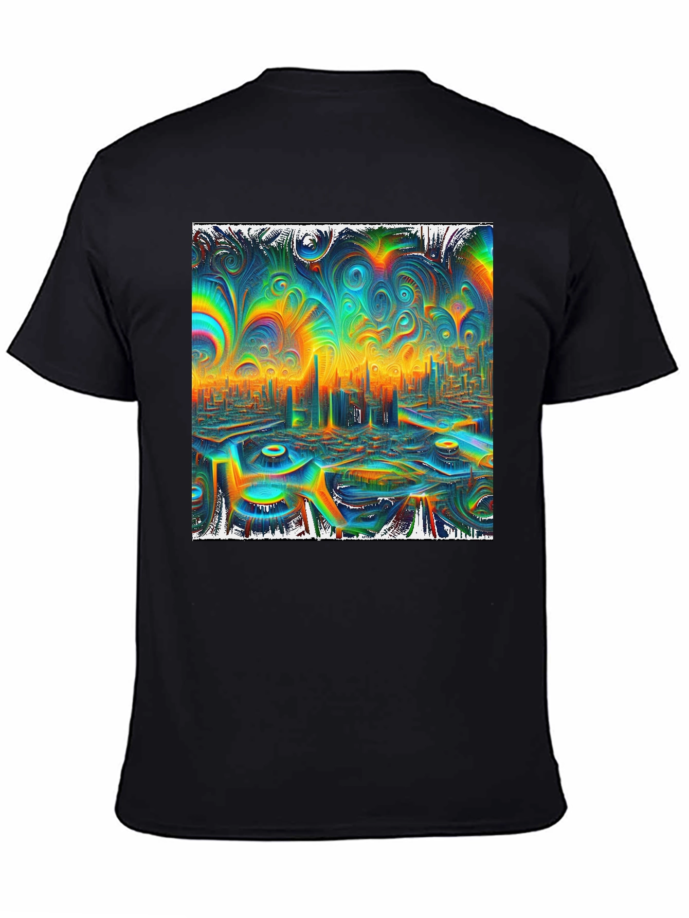 Psychedelic Cityscape Graphic Tee - Vibrant Black T-Shirt