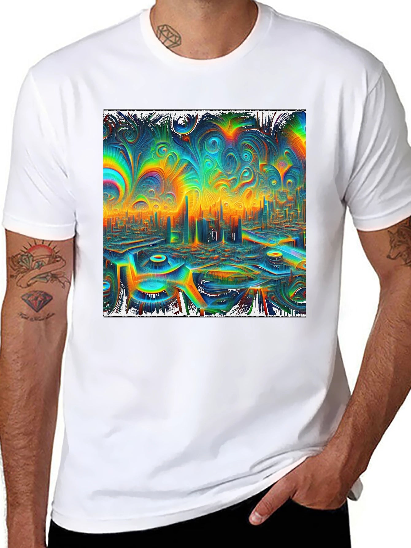 Psychedelic Cityscape Graphic Tee - Vibrant Black T-Shirt