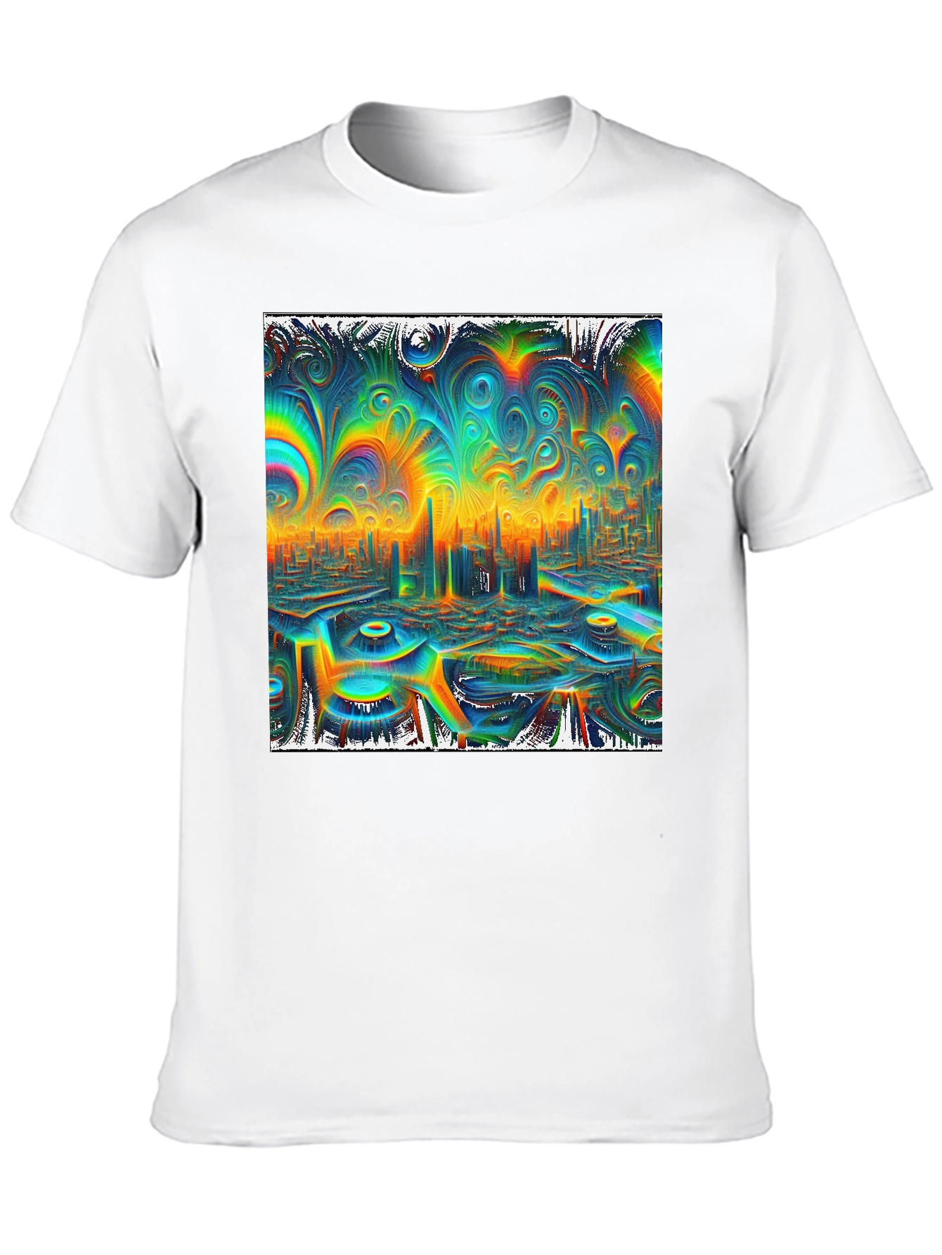 Psychedelic Cityscape Graphic Tee - Vibrant Black T-Shirt