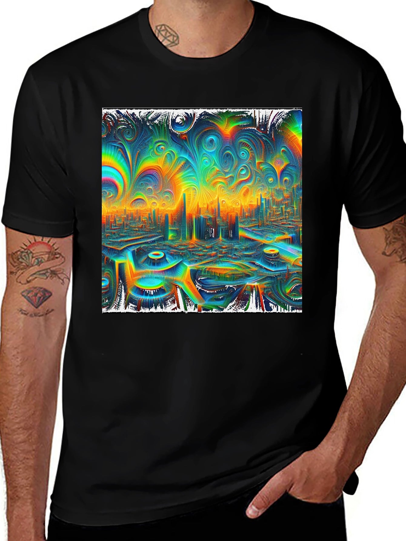 Psychedelic Cityscape Graphic Tee - Vibrant Black T-Shirt