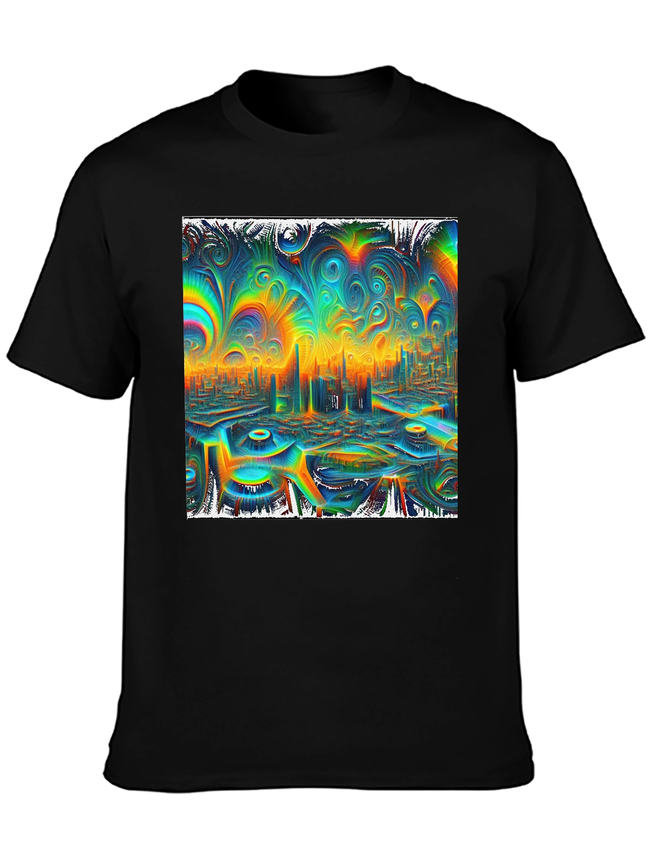 Psychedelic Cityscape Graphic Tee - Vibrant Black T-Shirt
