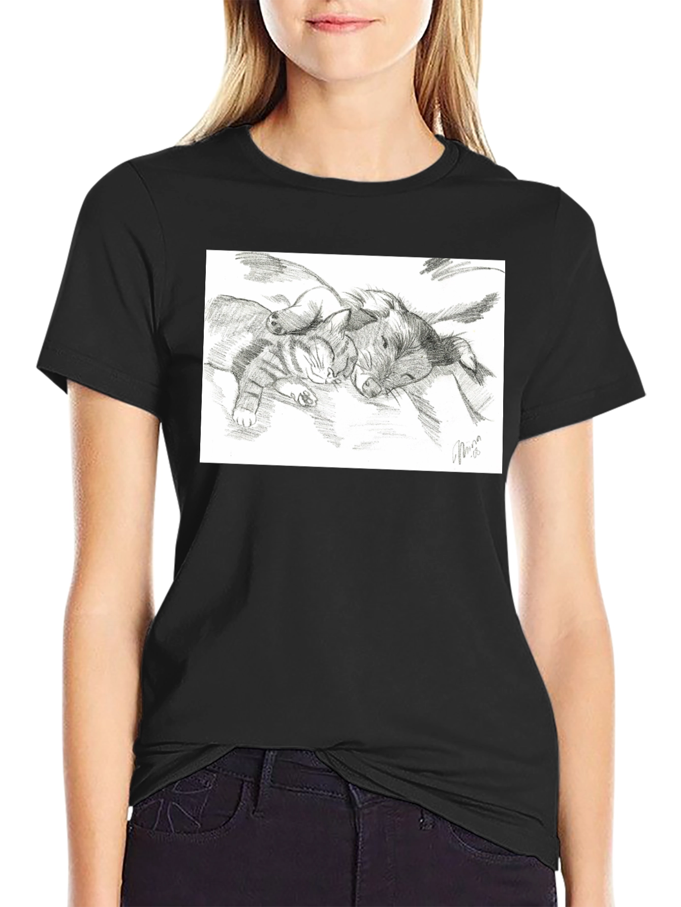 Cute Cat and Dog Sketch T-Shirt