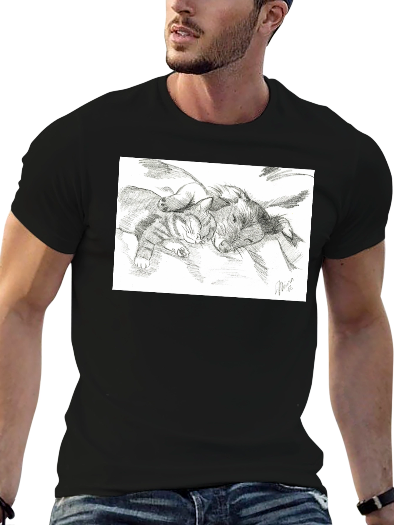 Cute Cat and Dog Sketch T-Shirt