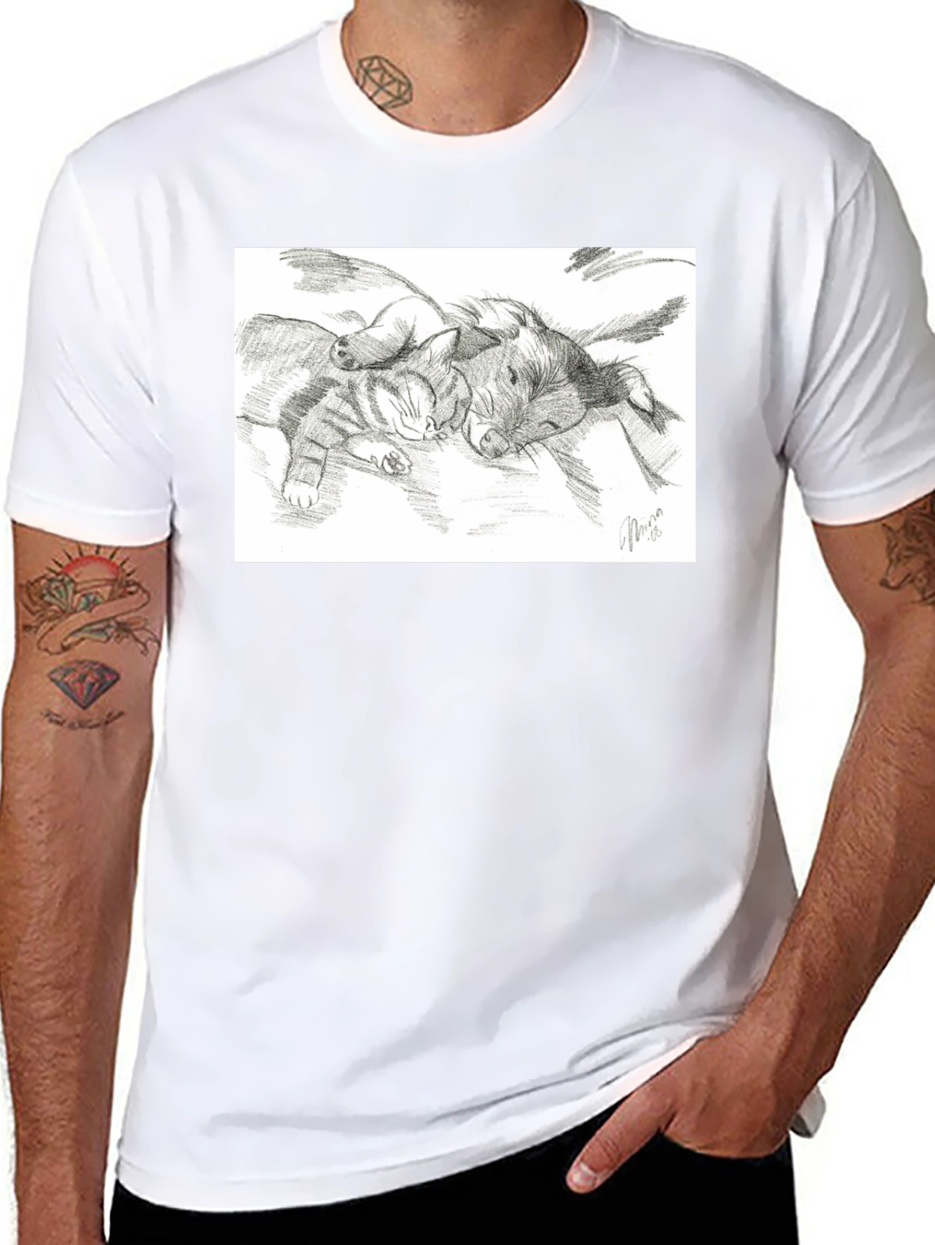 Cute Cat and Dog Sketch T-Shirt