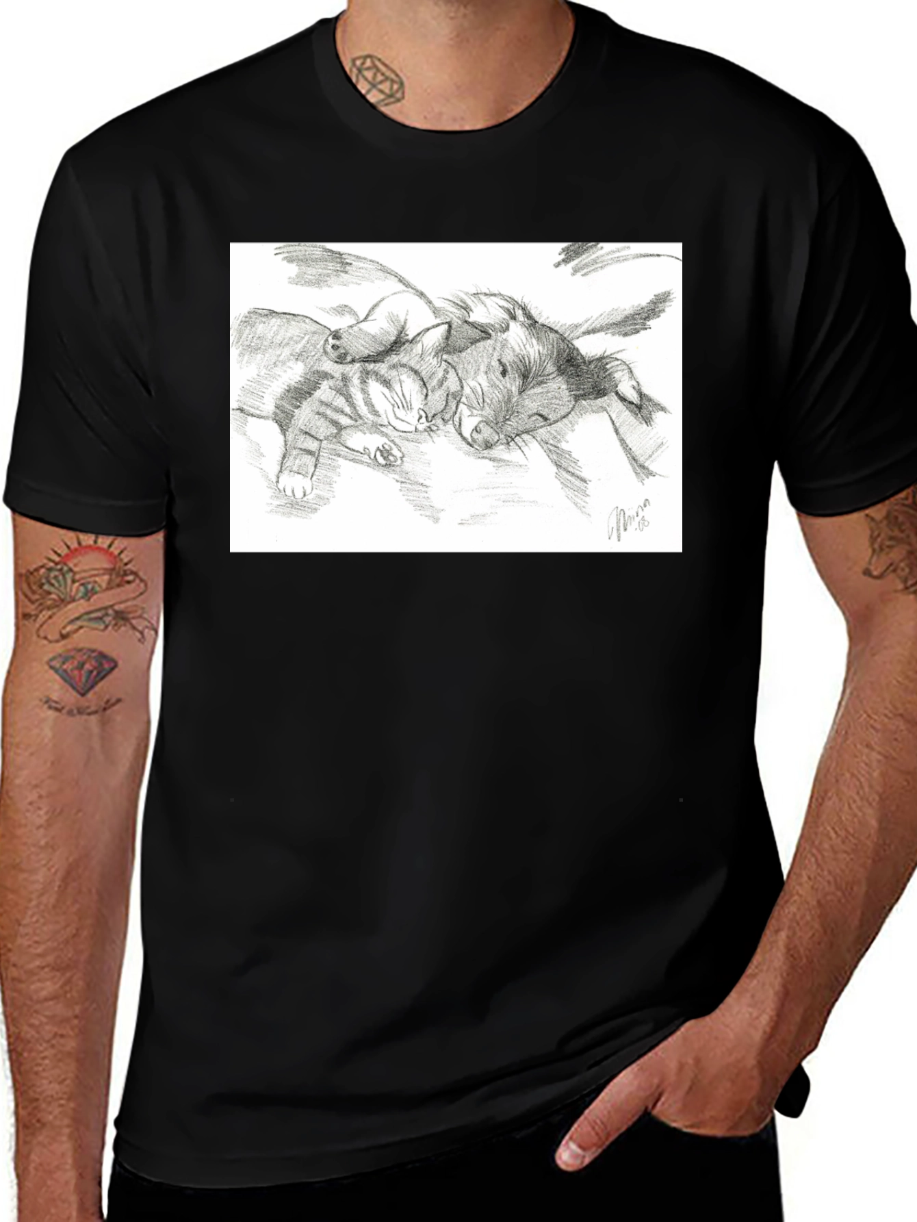 Cute Cat and Dog Sketch T-Shirt