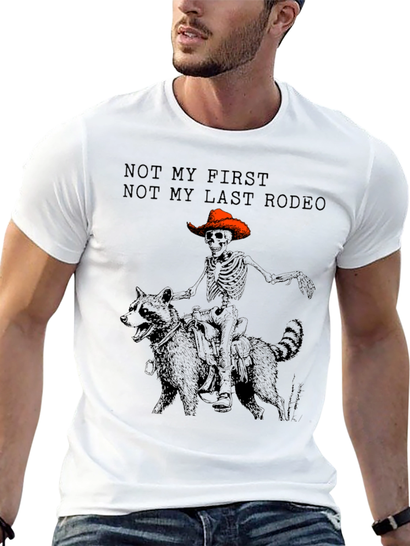 Skeleton Cowboy Riding Raccoon Graphic T-Shirt