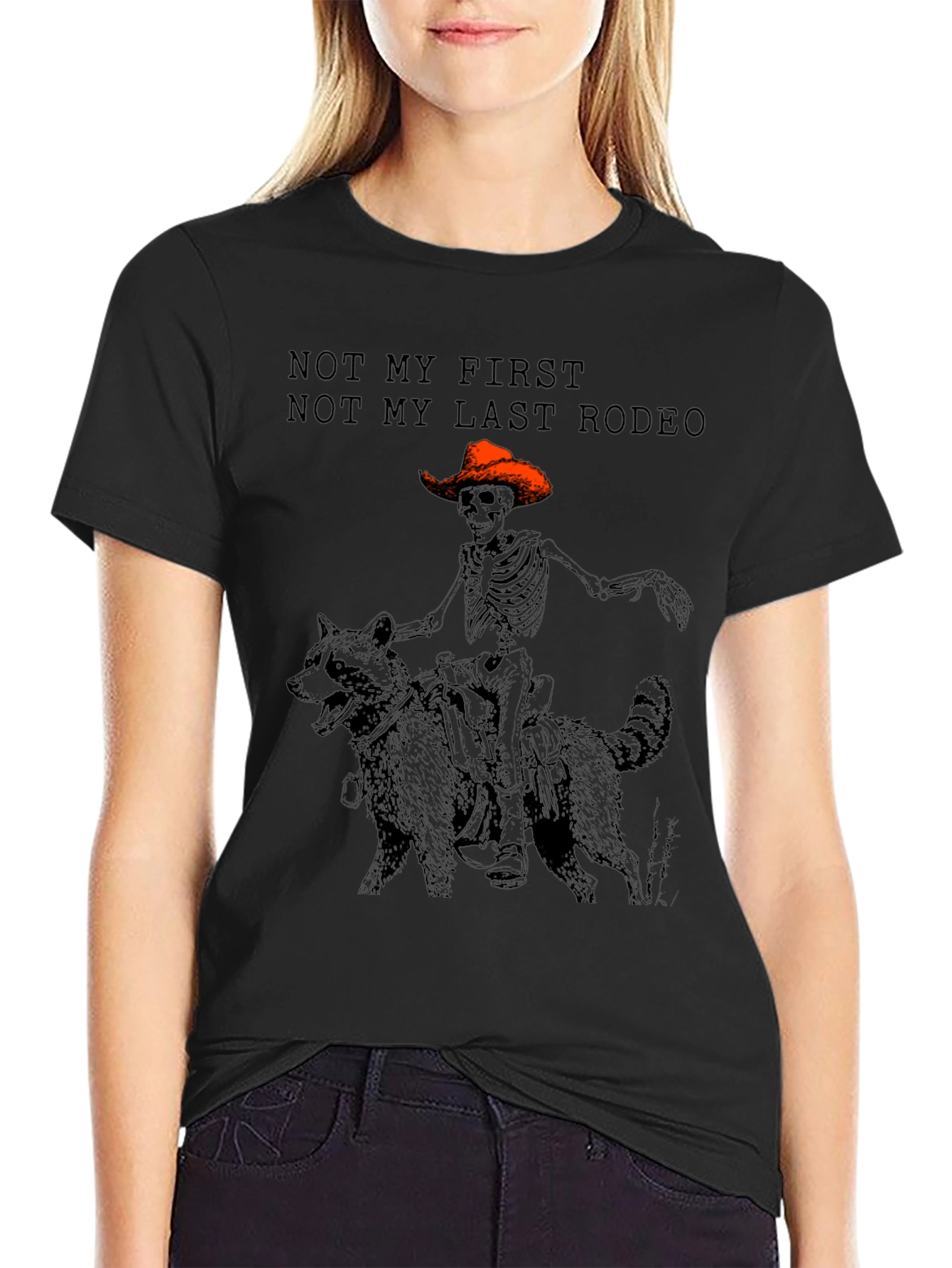 Skeleton Cowboy Riding Raccoon Graphic T-Shirt