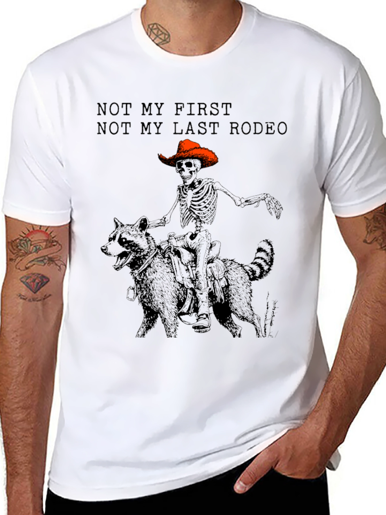 Skeleton Cowboy Riding Raccoon Graphic T-Shirt
