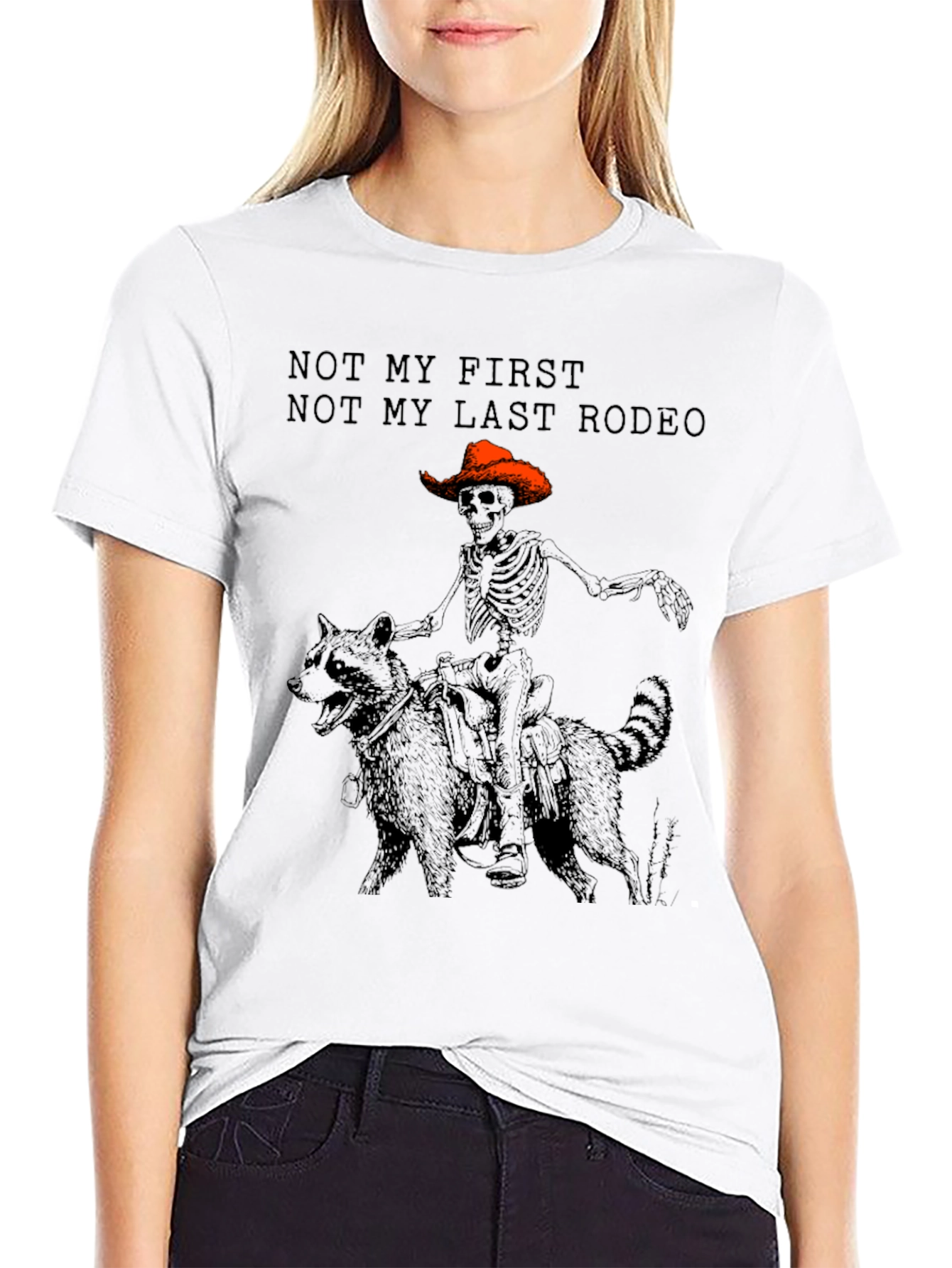 Skeleton Cowboy Riding Raccoon Graphic T-Shirt