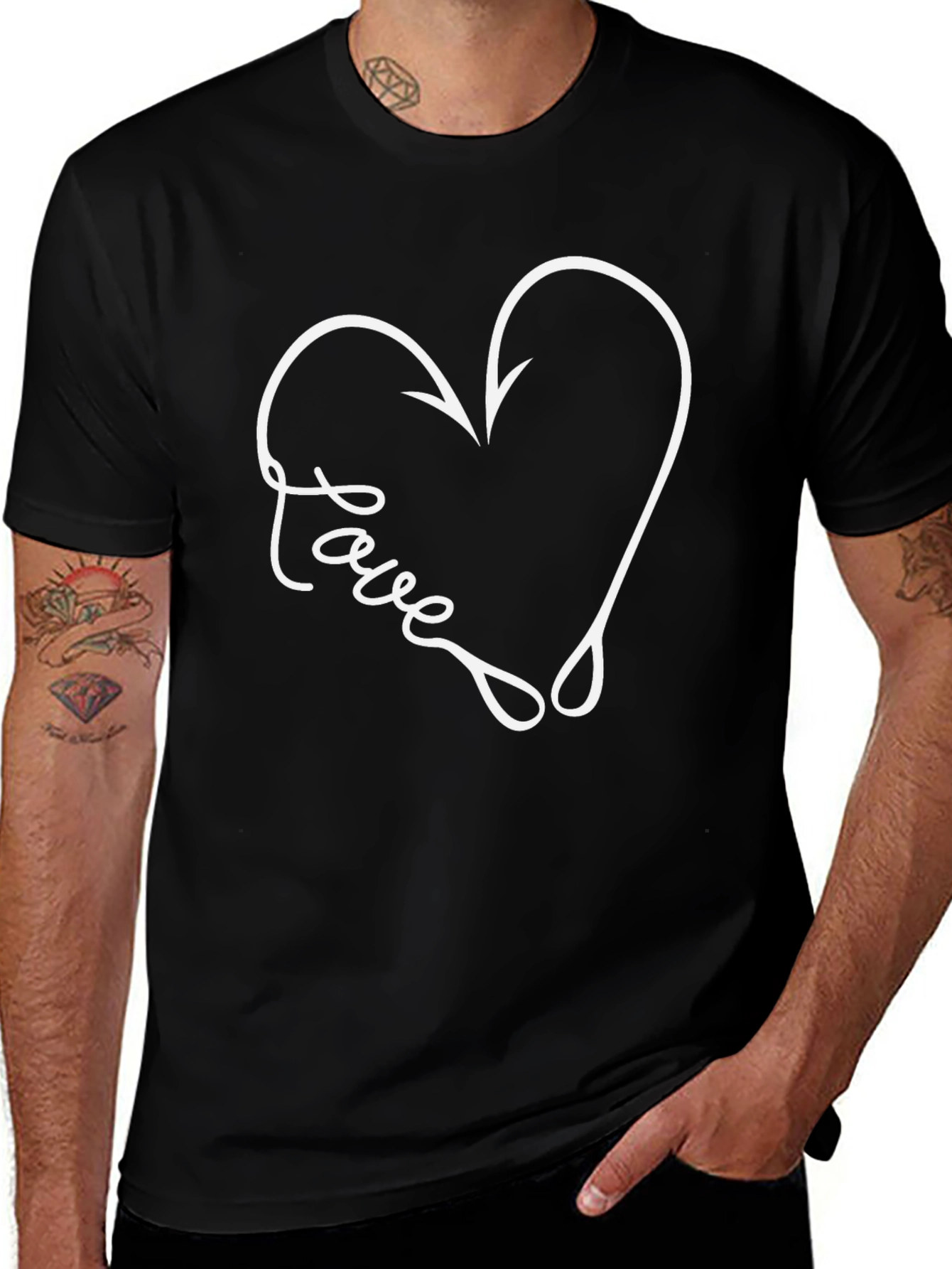 Love Fishing Hook Heart Tee - Black Graphic T-Shirt