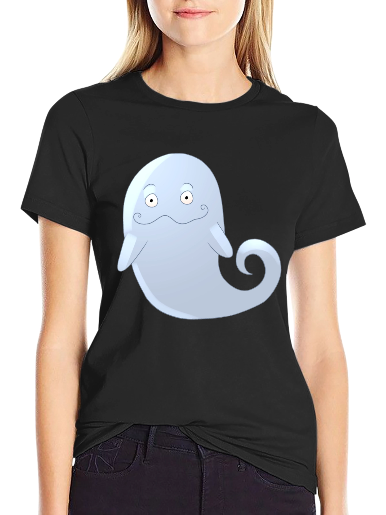Cute Ghost Cartoon Graphic Black T-Shirt