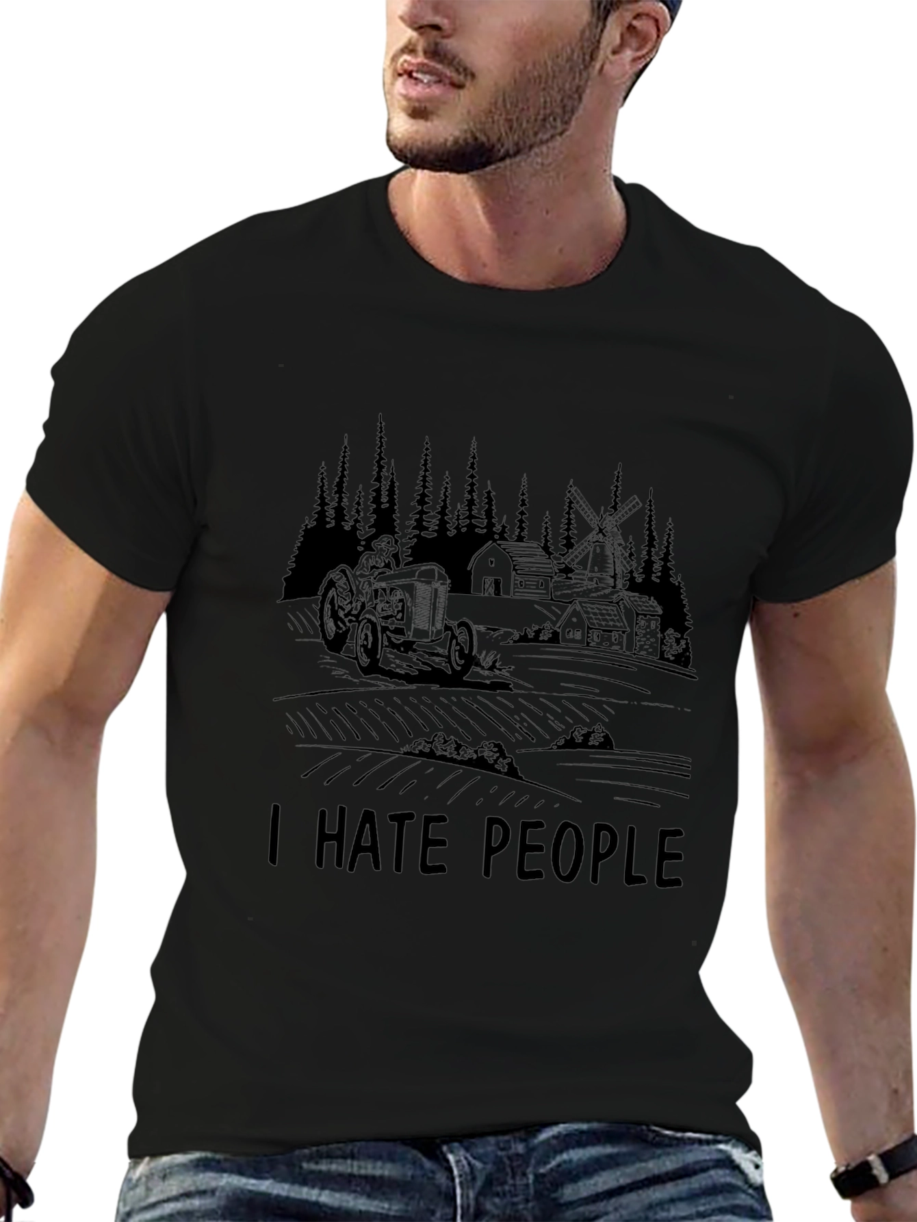I Hate People Farm Tractor Black Graphic T-Shirt