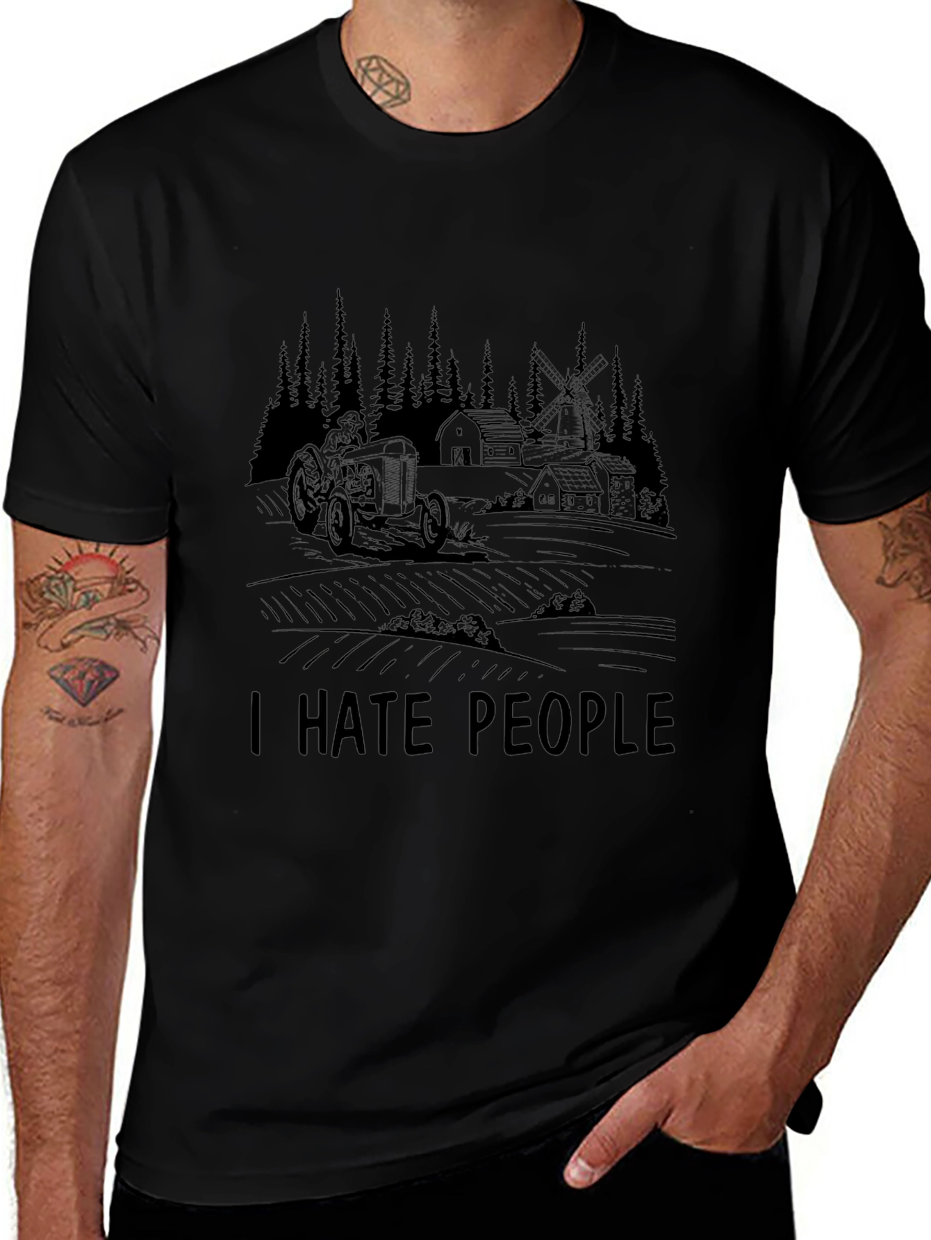 I Hate People Farm Tractor Black Graphic T-Shirt
