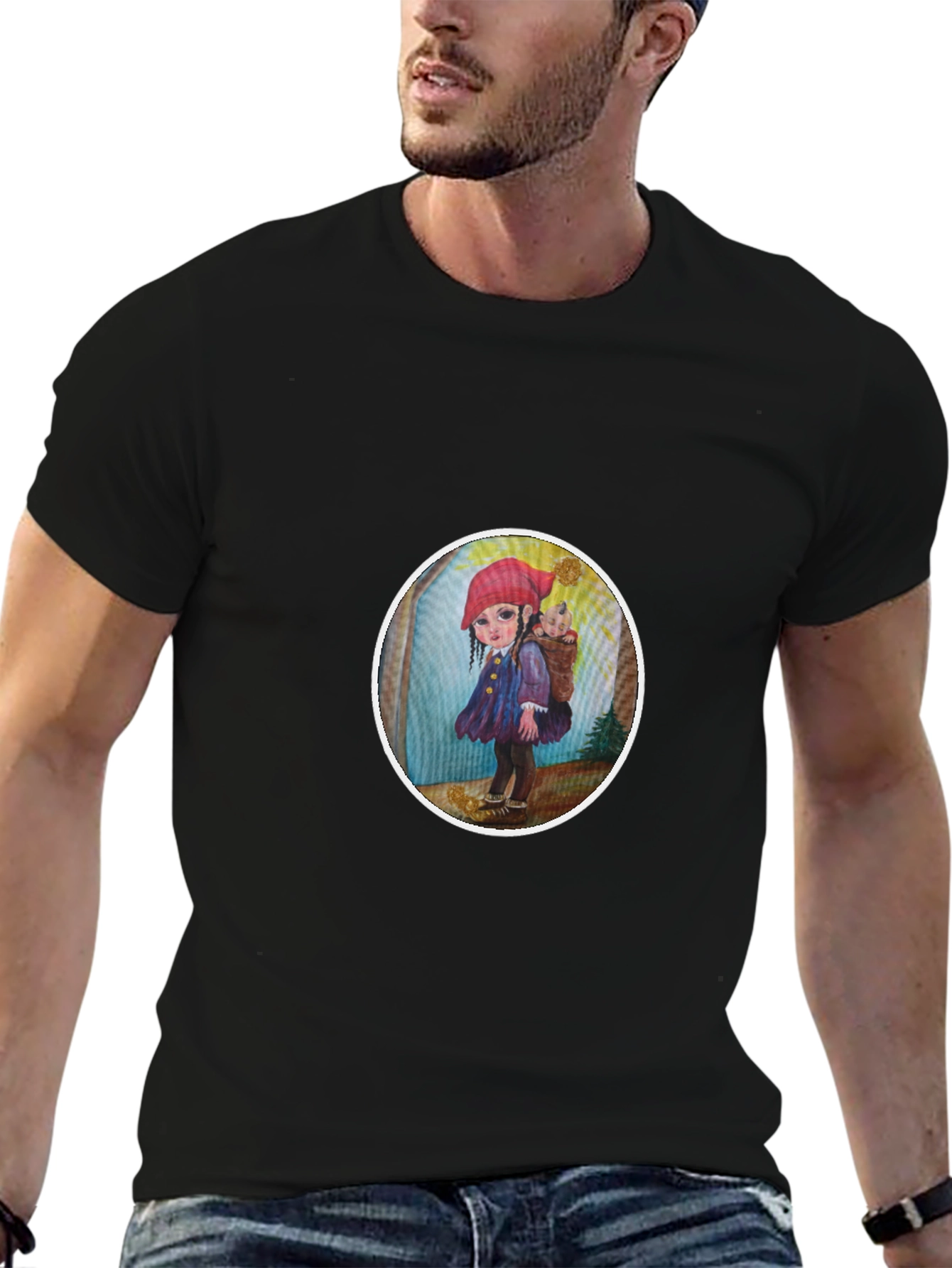 Whimsical Girl Graphic Tee - Soft Black Cotton