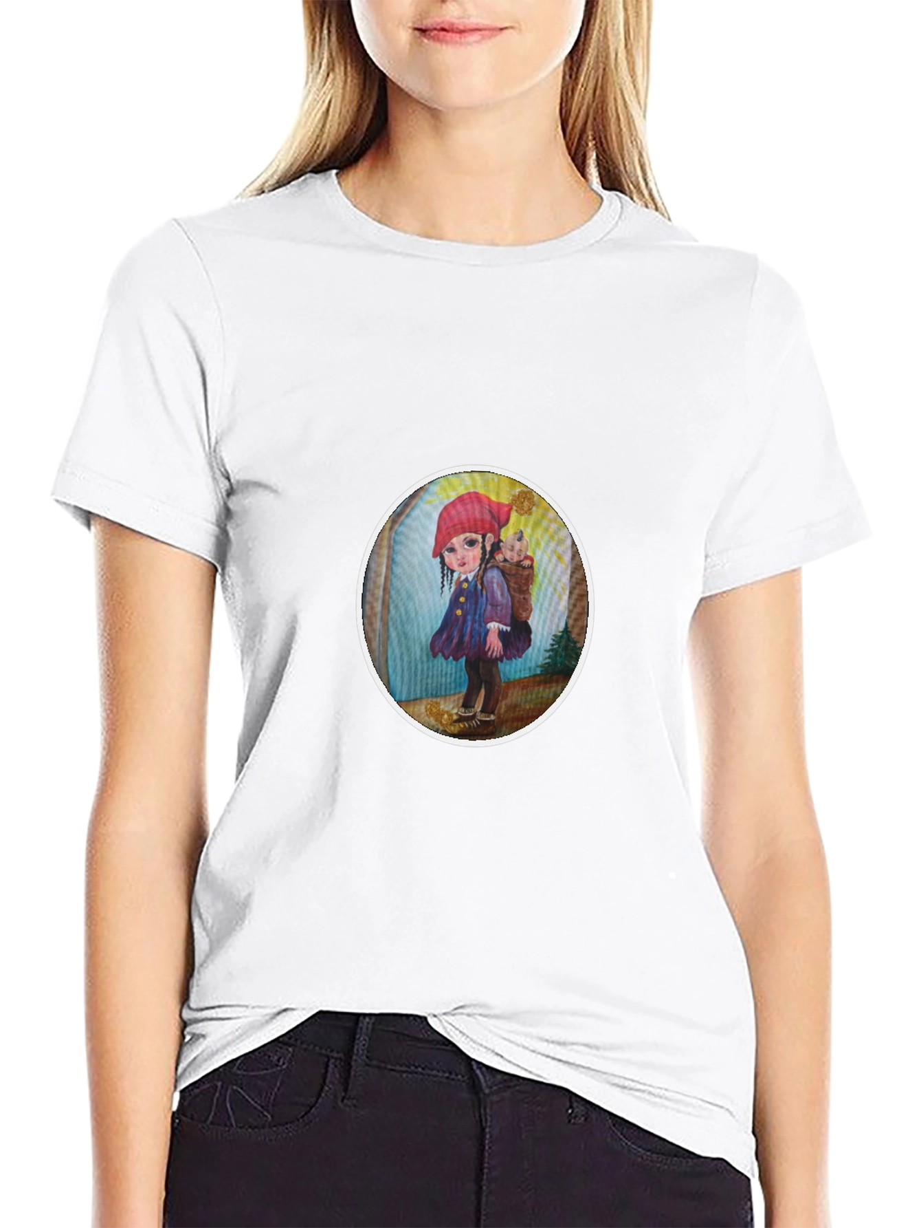 Whimsical Girl Graphic Tee - Soft Black Cotton