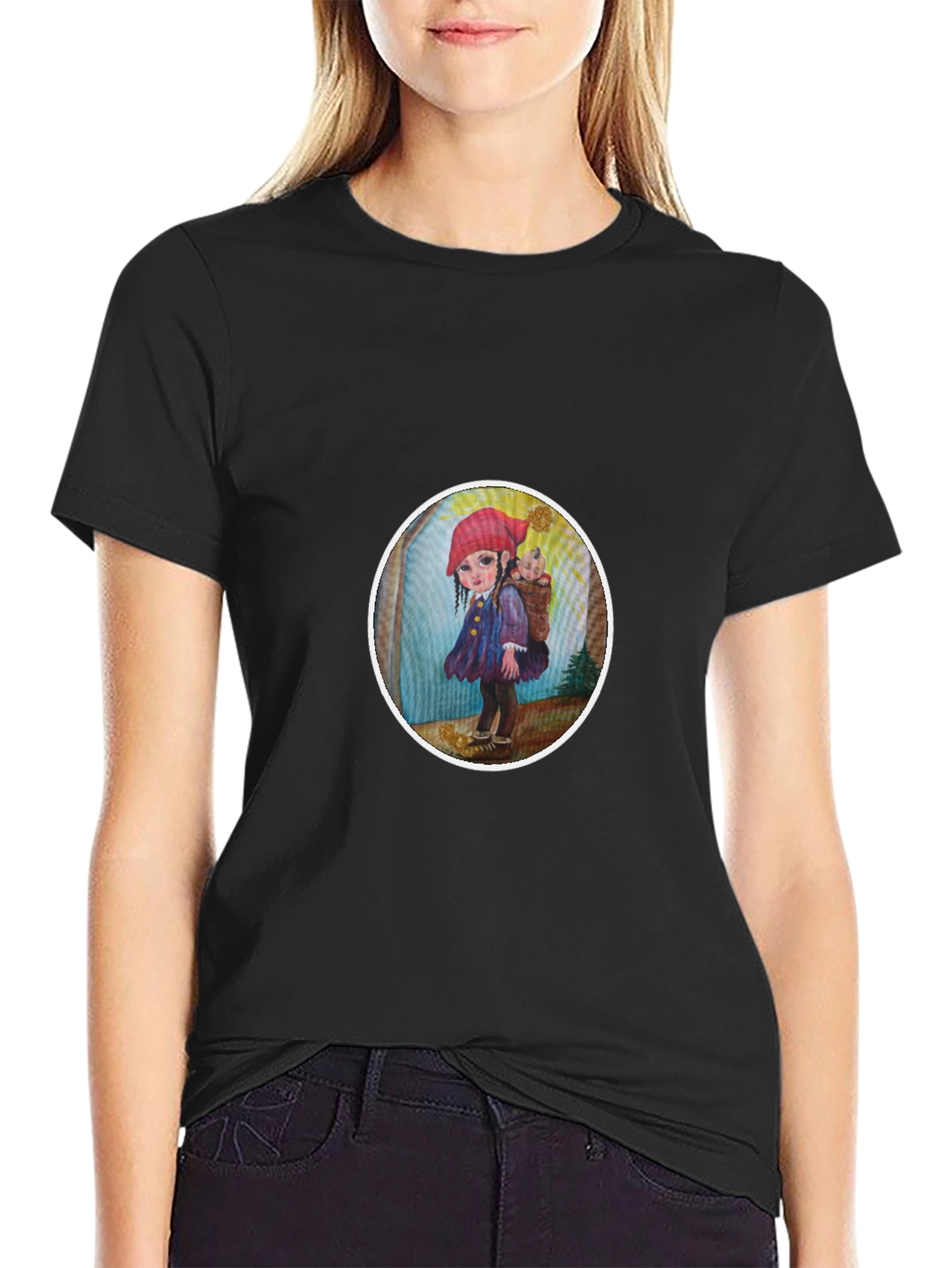 Whimsical Girl Graphic Tee - Soft Black Cotton
