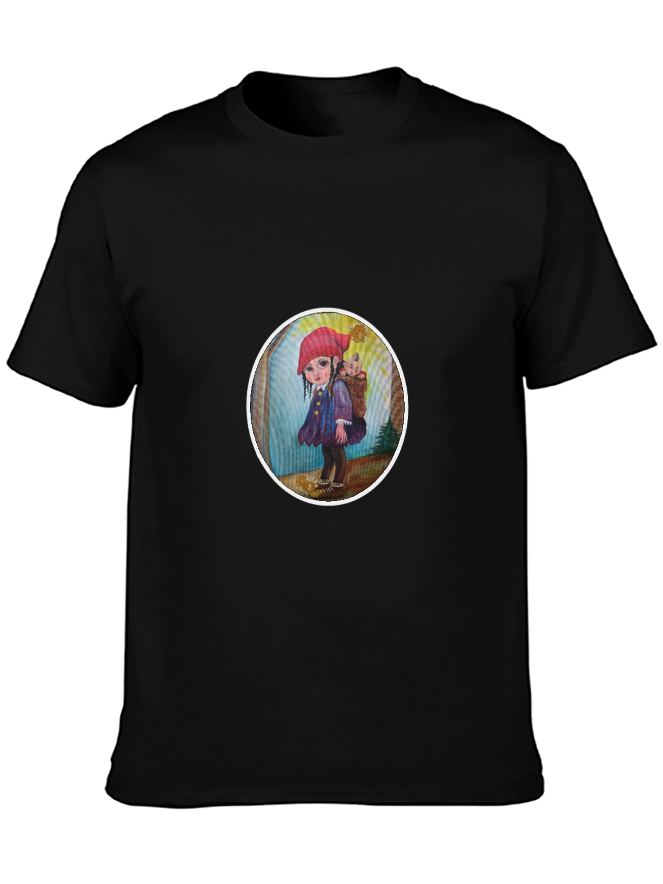 Whimsical Girl Graphic Tee - Soft Black Cotton