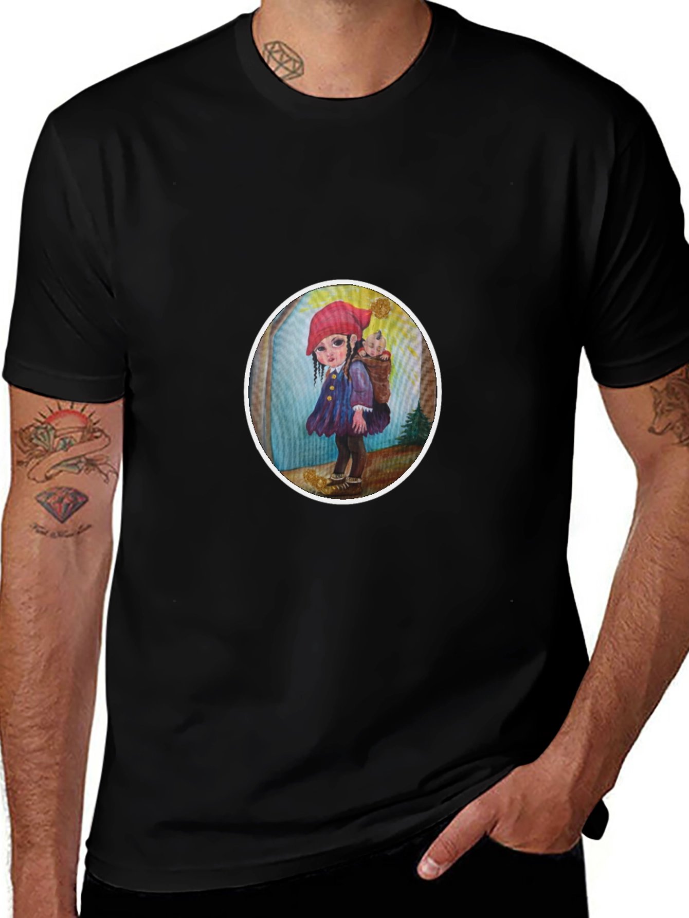 Whimsical Girl Graphic Tee - Soft Black Cotton