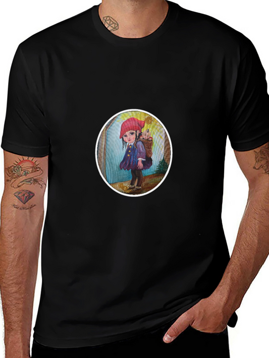 Whimsical Girl Graphic Tee - Soft Black Cotton