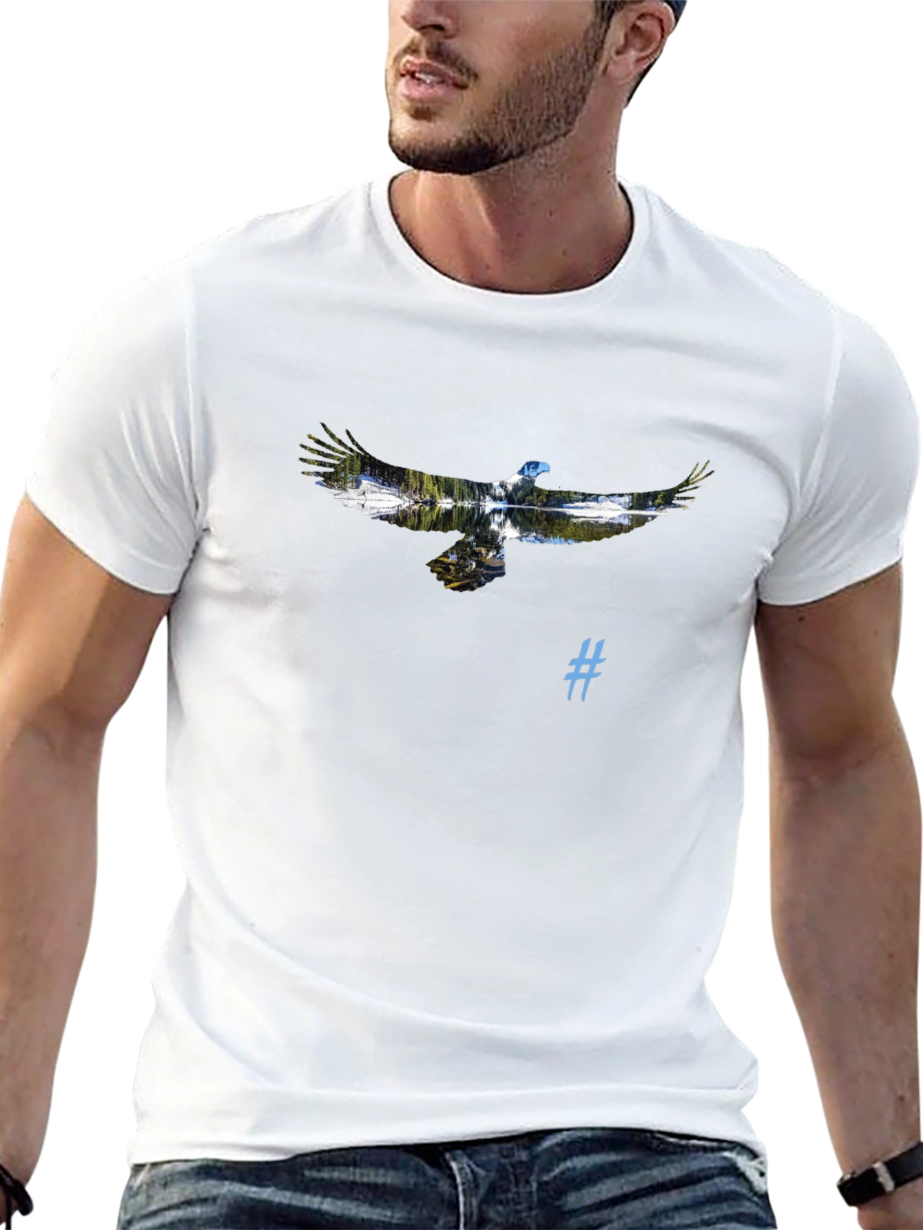 Black T-Shirt with Eagle and Nature Graphic