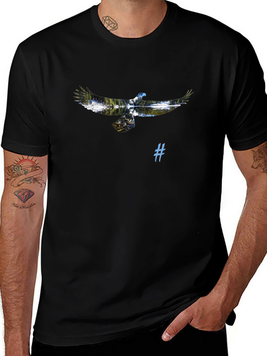 Black T-Shirt with Eagle and Nature Graphic