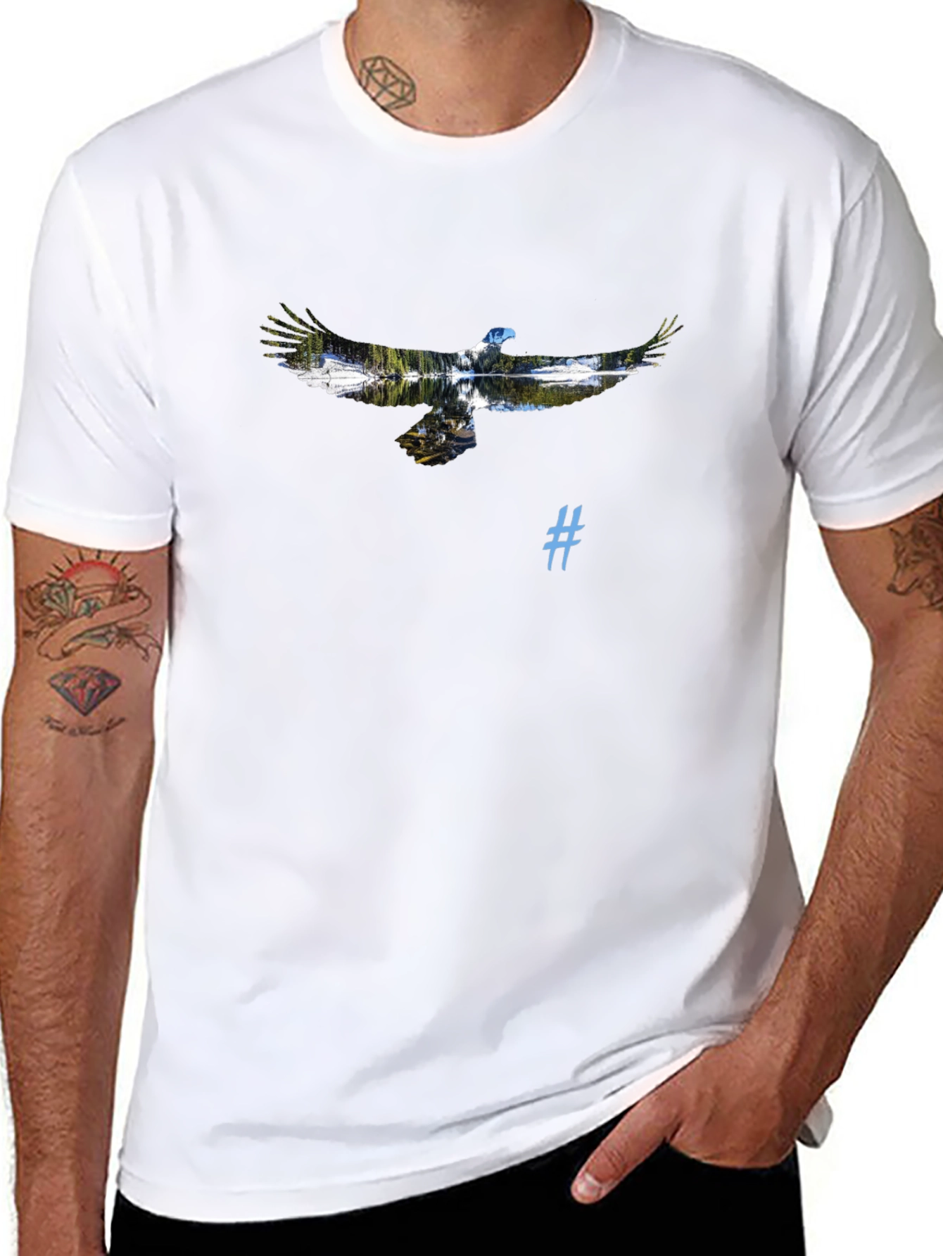 Black T-Shirt with Eagle and Nature Graphic