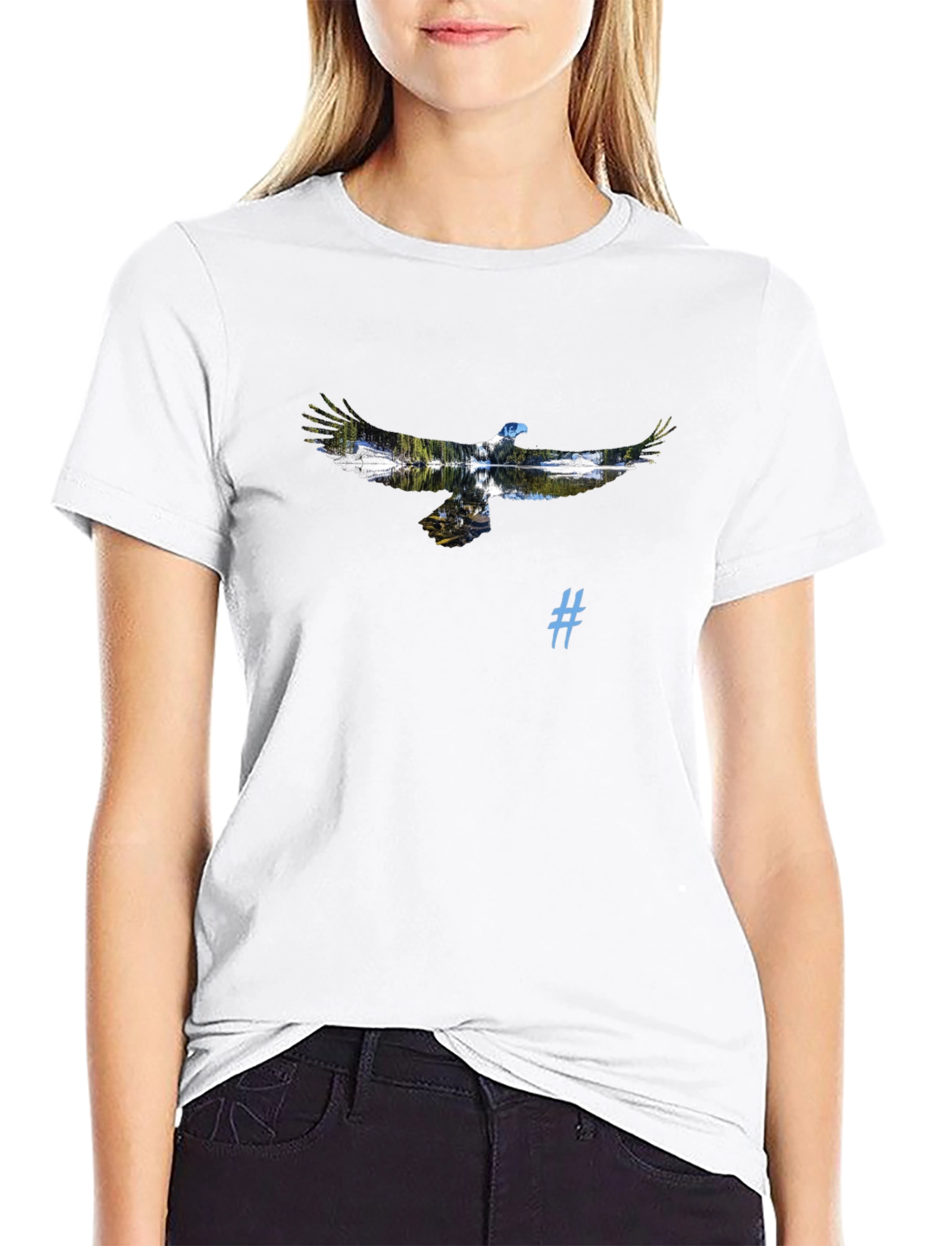 Black T-Shirt with Eagle and Nature Graphic
