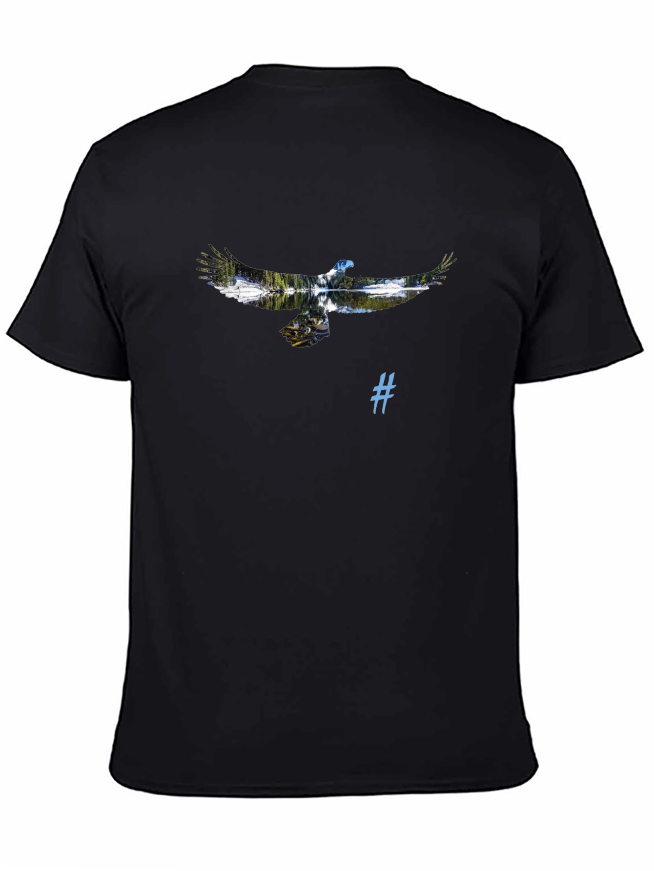 Black T-Shirt with Eagle and Nature Graphic